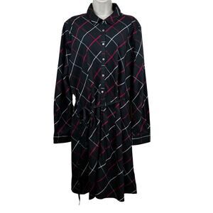 UNTUCKit Kris Dress Button Front Long Sleeve Belted Check Plaid Black Red 18